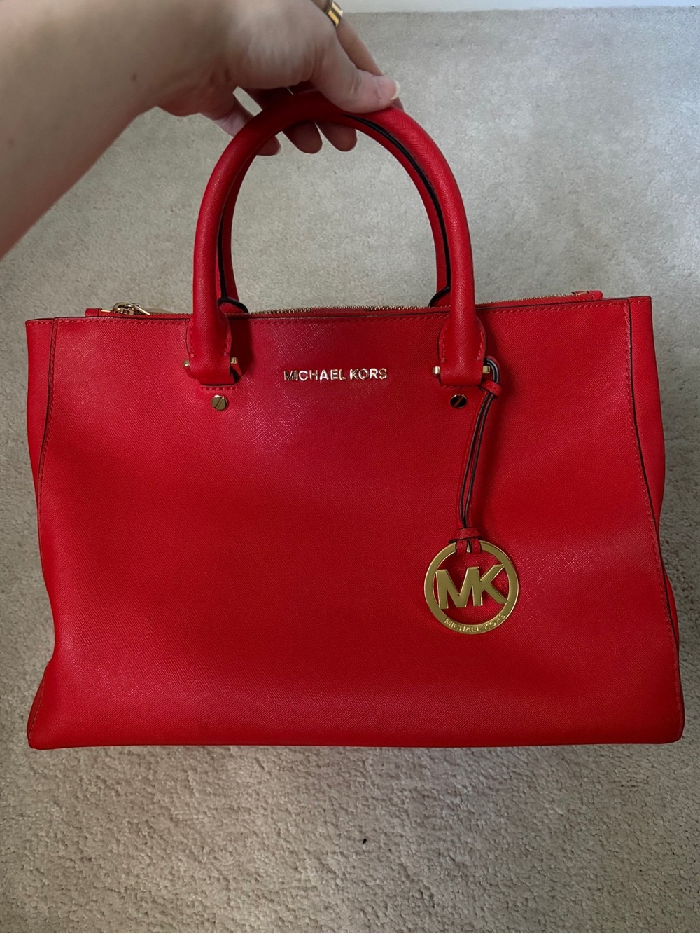 Michael Kors Sutton Large Mandarin Red Saffiano Leather Satchel Handbag